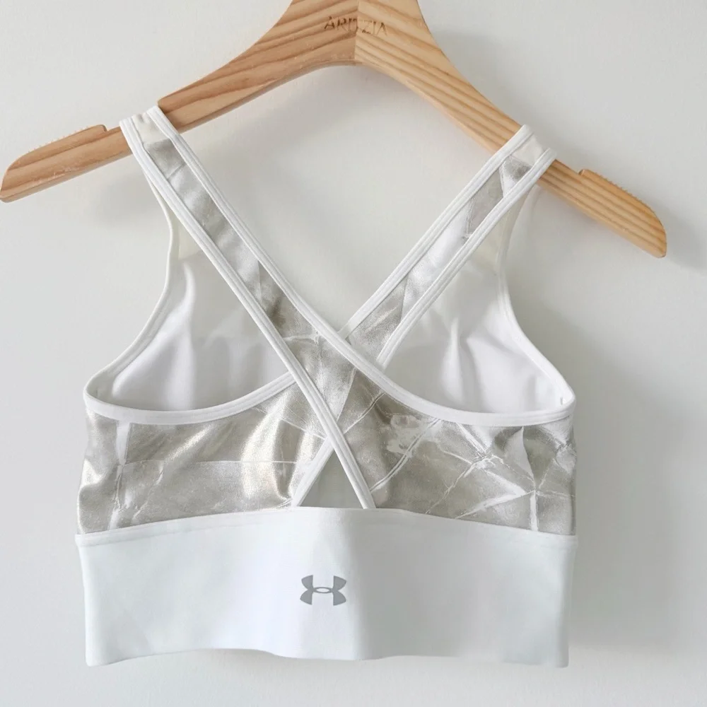 Under Armour White Silver Metallic Compression Sports Bra S/M - Picture 3 of 9